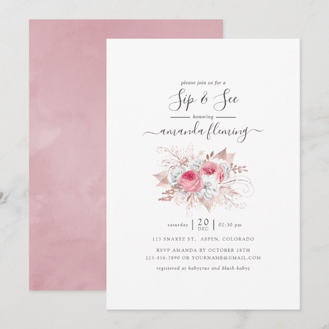 Invitation Fleurs de rose et d'or rose pour Sip and See (Devant / Derrière)