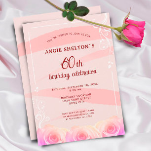 Invitation Fleurs de rose rose en aquarelle rayures 60e anniv