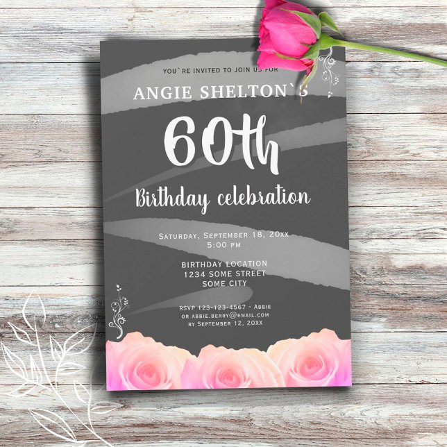 Invitation Fleurs de rose rose en aquarelle rayures 60e anniv (Créateur téléchargé)