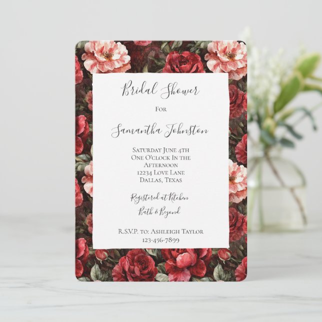 Invitation Fleurs de rose rose rouge pour Baby Shower (Debout devant)