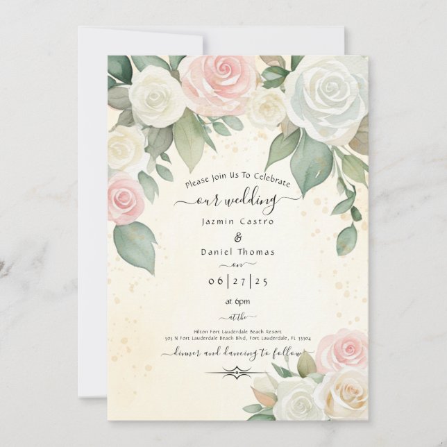 Invitation Fleurs de rose roses et blanches aux floraisons cr (Devant)