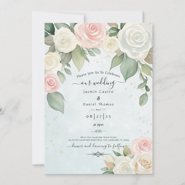 Invitation Fleurs de rose roses et blanches aux floraisons cr (Devant)
