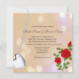 Invitation fleurs de rose rouge, collier en forme de coeur ar