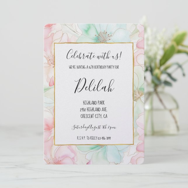 Invitation Fleurs de rose saumon et menthe pour anniversaire (Debout devant)