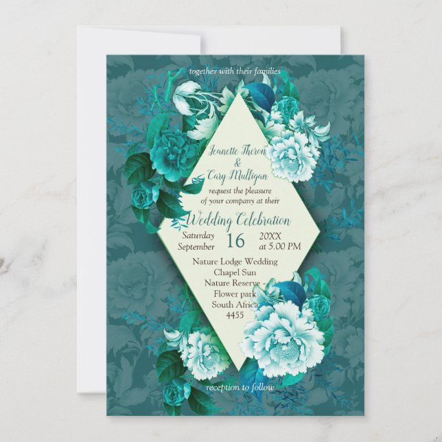 Invitation Fleurs de rose verte/blanche sur papier motif vert (Devant)