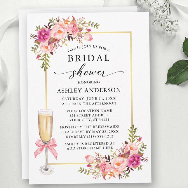 Invitation Fleurs de roses à l'aquarelle Ruban rose Mariage (Customize to add text to back of card.)