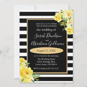 Invitation Fleurs de roses à rayures noires et blanches Invit