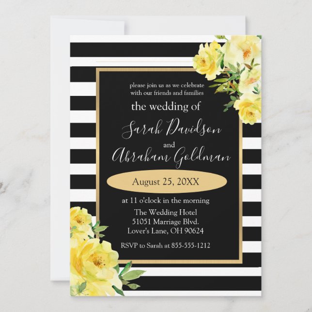 Invitation Fleurs de roses à rayures noires et blanches Invit (Devant)