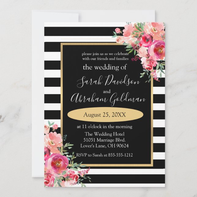 Invitation Fleurs de roses à rayures noires et blanches Invit (Devant)