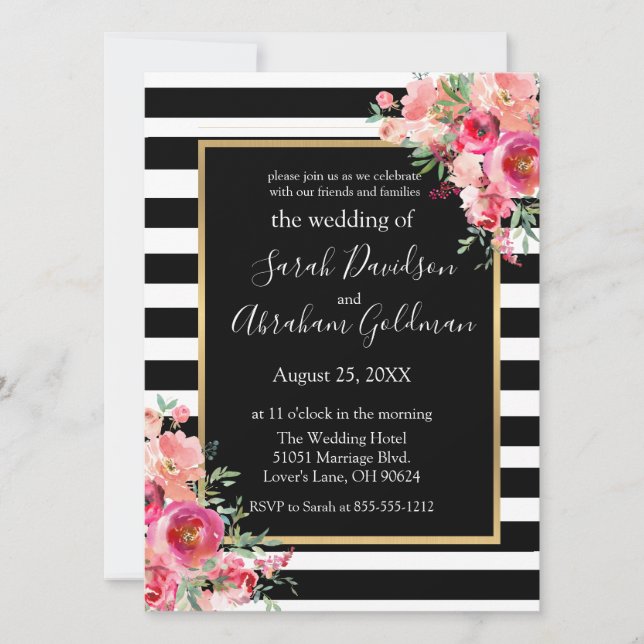 Invitation Fleurs de roses à rayures noires et blanches Invit (Devant)