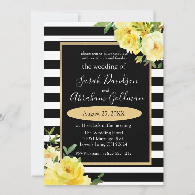 Invitation Fleurs de roses à rayures noires et blanches Invit (Devant)