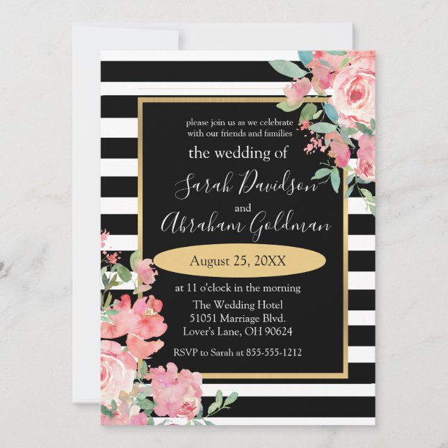Invitation Fleurs de roses à rayures noires et blanches Invit (Devant)