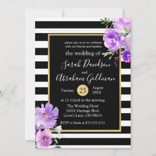 Invitation Fleurs de roses à rayures noires et blanches Maria