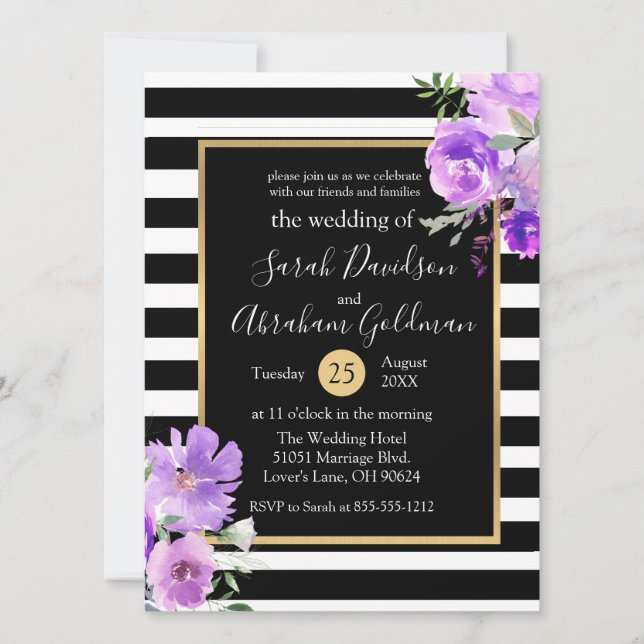 Invitation Fleurs de roses à rayures noires et blanches Maria (Devant)
