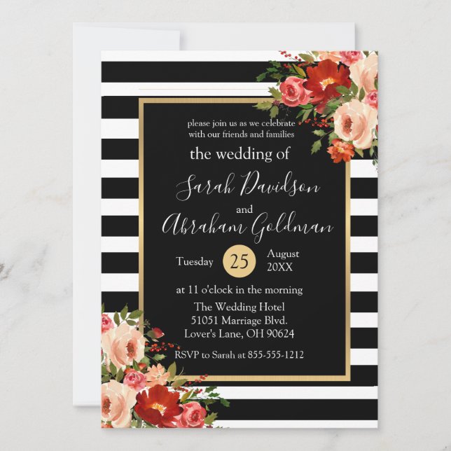 Invitation Fleurs de roses à rayures noires et blanches Maria (Devant)