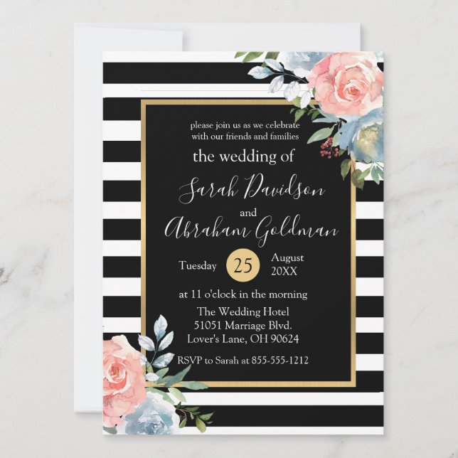Invitation Fleurs de roses à rayures noires et blanches Maria (Devant)