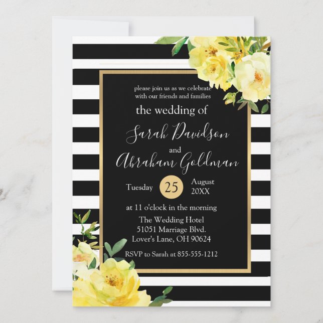 Invitation Fleurs de roses à rayures noires et blanches Maria (Devant)