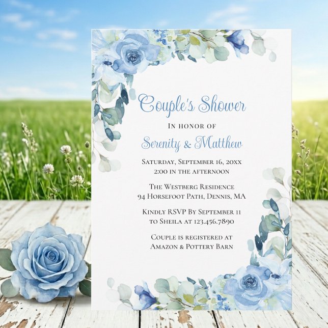 Invitation Fleurs de roses aquarelles bleues pour couples et  (Créateur téléchargé)