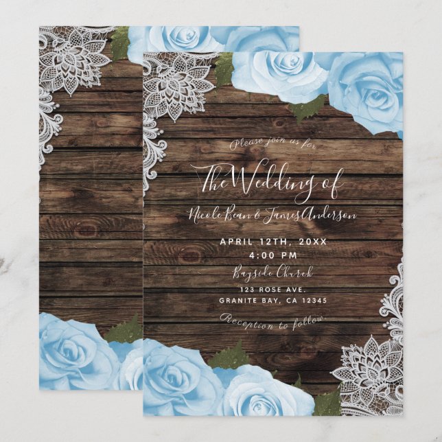 Invitation Fleurs de roses bleues claires Mariage rustique en (Devant / Derrière)