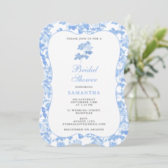 Invitation Fleurs de roses bleues et blanches Bridal Shower e (Debout devant)