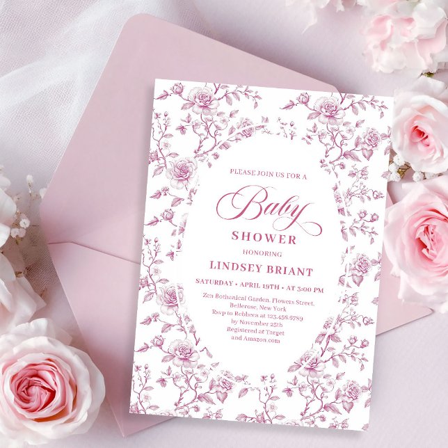 Invitation Fleurs de roses classiques rose et blanc Toile Bab (Classic Pink and White Roses Toile Baby Shower Invitation)