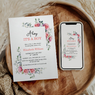 Invitation Fleurs de roses et d'eucalyptus aquarelles pour Ba