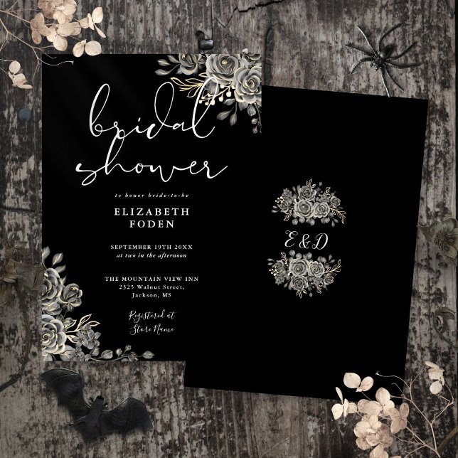 Invitation Fleurs de roses gothiques Fête de mariage noir et  (Gothic Roses Floral Black And White Bridal Shower Invitation)