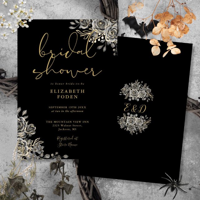 Invitation Fleurs de roses gothiques noires et dorées pour la (Gothic Roses Floral Black And Gold Bridal Shower Invitation)
