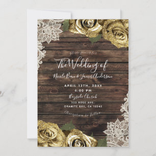 Invitation Fleurs de roses pailletées or Bois rustique Dentel