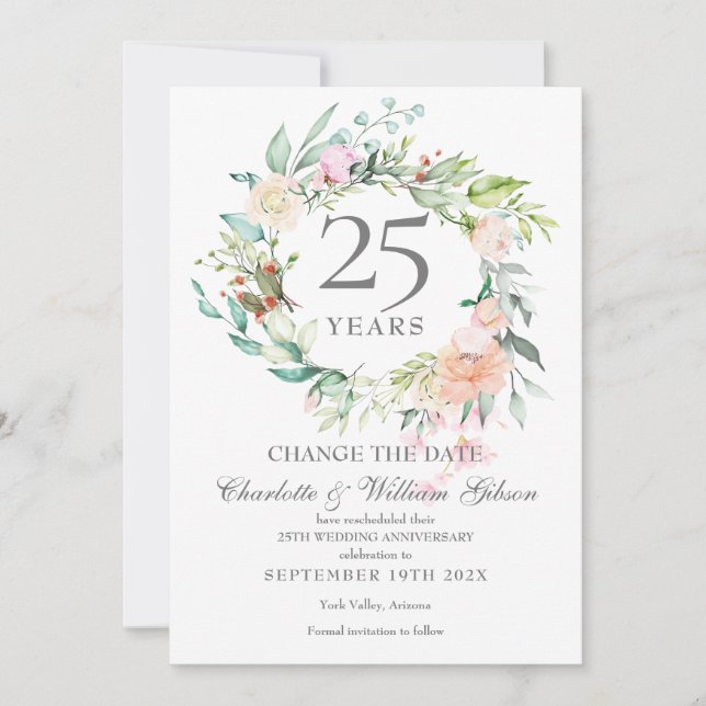 Invitation Fleurs de roses pour changement de date 25e annive (Devant)