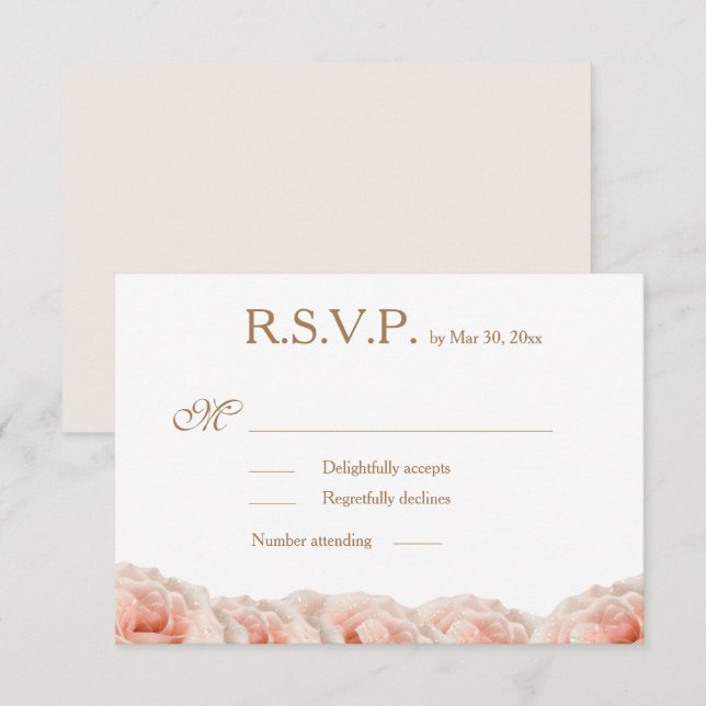 Invitation Fleurs de roses rose poudré Mariage or blanc RSVP (Devant / Derrière)