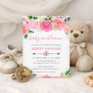 Invitation Fleurs de roses roses à l'aquarelle Baby Shower
