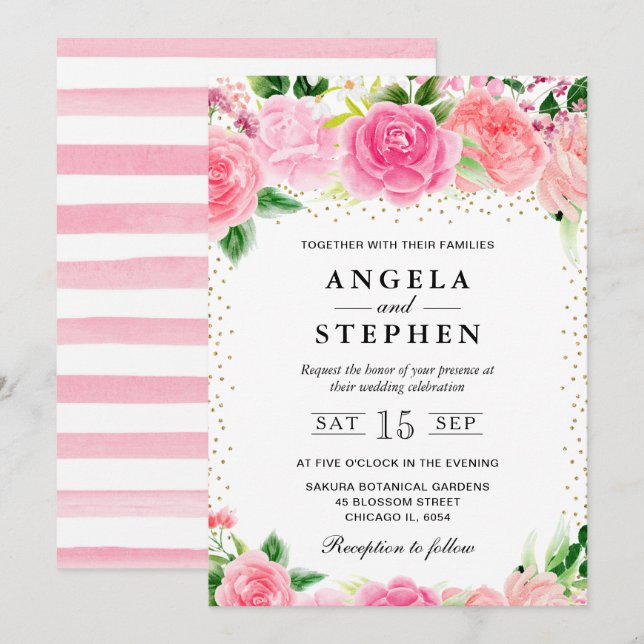 Invitation Fleurs de roses roses à l'aquarelle Mariage (Devant / Derrière)