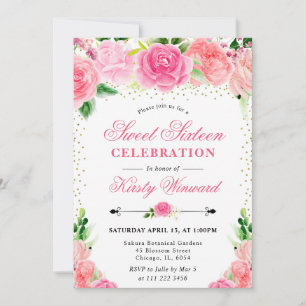 Invitation Fleurs de roses roses à l'aquarelle Photo Sweet 16