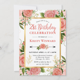 Invitation Fleurs de roses roses aquarelle 21e anniversaire