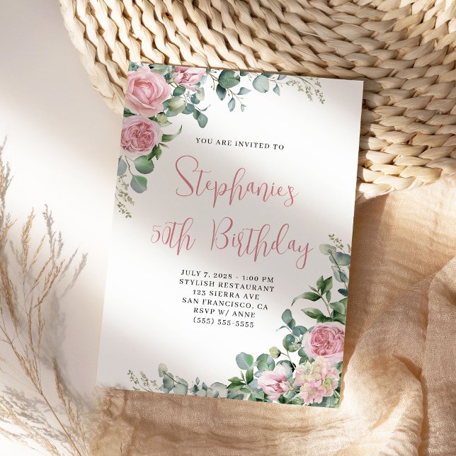 Invitation Fleurs de roses roses aquarelle pour anniversaire (Pretty watercolor pink roses birthday invite for her.)