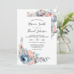 Invitation Fleurs de roses roses et bleues poussiéreuses aqua