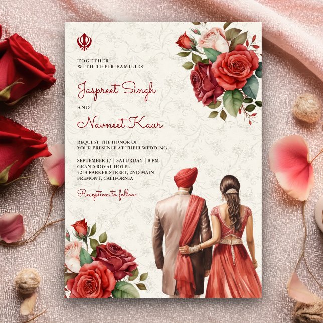 Invitation Fleurs de roses rouges pour un mariage indien sikh (Créateur téléchargé)