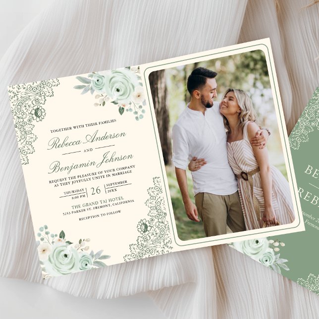 Invitation Fleurs de roses vert sauge en dentelle florale Cod (Créateur téléchargé)