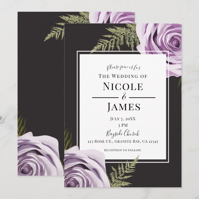 Invitation Fleurs de roses violet foncé shabby chic mariage (Devant / Derrière)