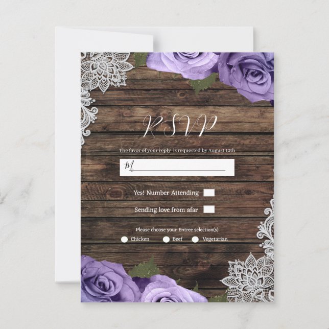 Invitation Fleurs de Roses Violettes Dentelle Rustique Mariag (Devant)
