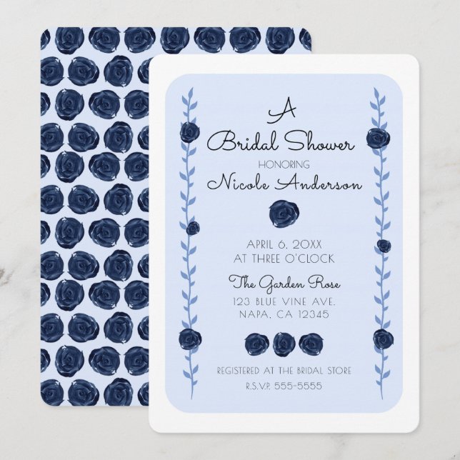Invitation Fleurs de Rosier à l'Aquarelle Bleue pour une Fête (Devant / Derrière)