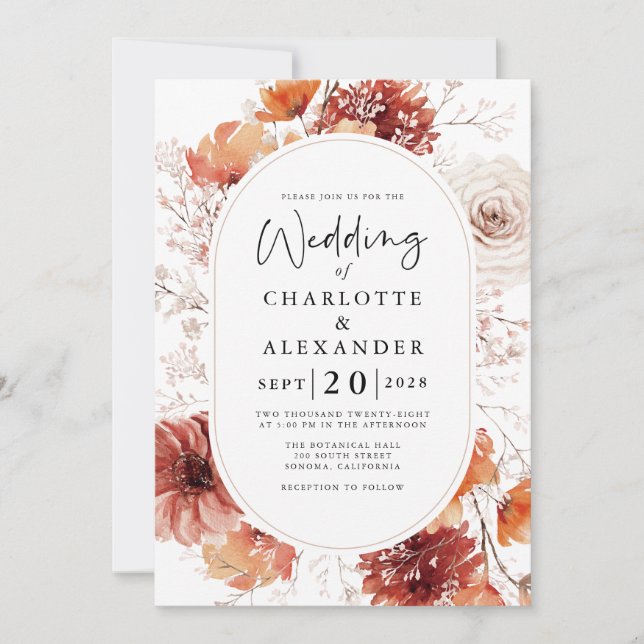Invitation Fleurs de rouille en terre cuite Boho automne  (Devant)
