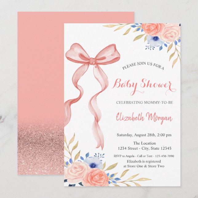 Invitation Fleurs de ruban à nœud Bokeh Baby Shower (Devant / Derrière)