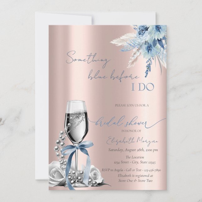 Invitation Fleurs de ruban bleu Perles et Prosecco Rose Gold (Devant)
