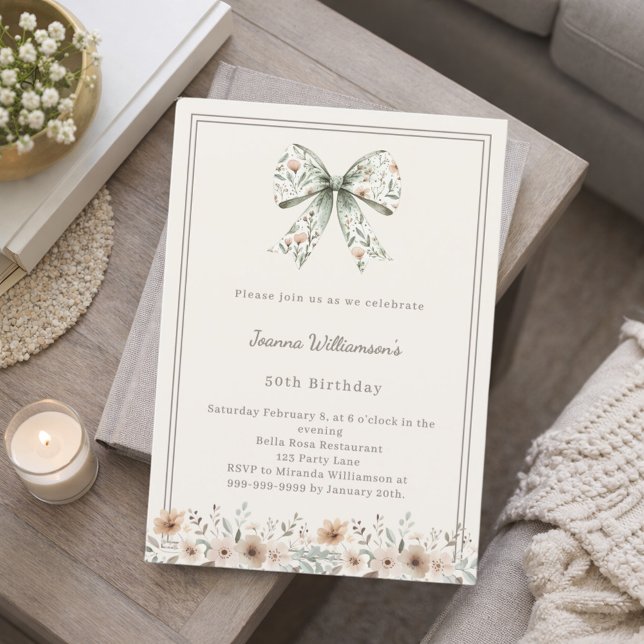Invitation Fleurs de ruban vert ivoire atténué pour anniversa (Créateur téléchargé)