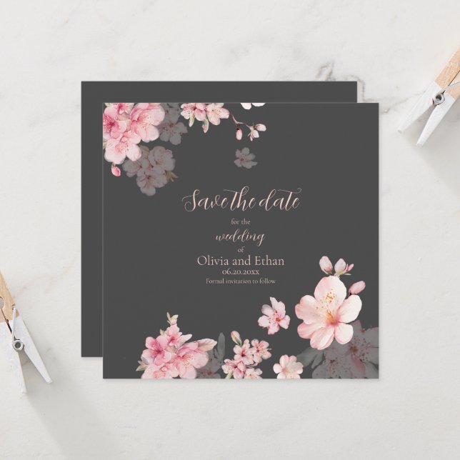 Invitation Fleurs de Sakura rose chic sur Save the Date (Devant/Arrière en situation)