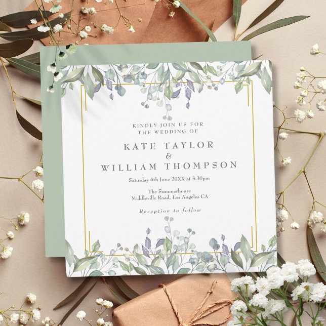 Invitation Fleurs de Sauge Lilas Verdure Carré Mariage (Floral Sage Lilac Greenery Square Wedding Invitation)