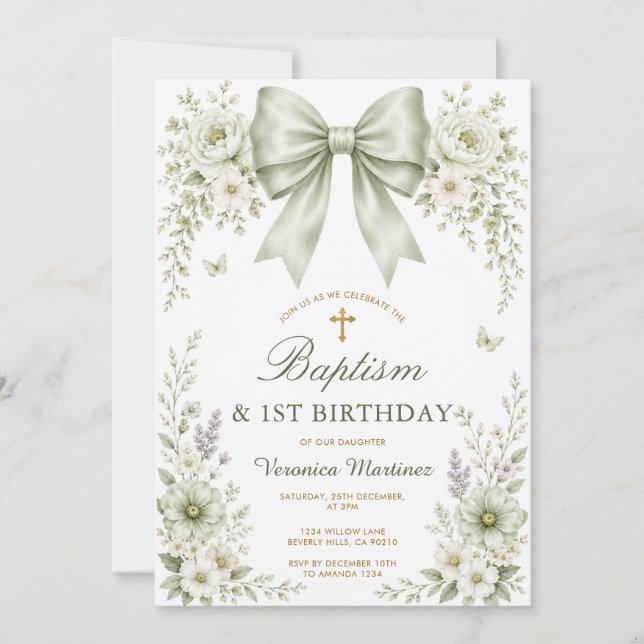 Invitation Fleurs de sauge verte Baptême & Premier Anniversai (Devant)