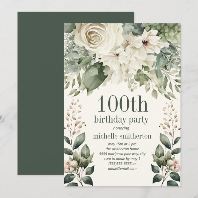 Invitation Fleurs de sauge vertes blanches pour 100e annivers (Devant / Derrière)